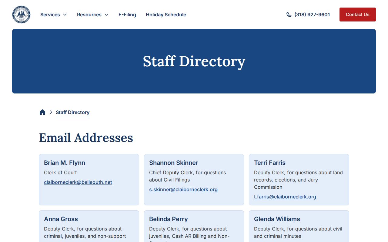 Claiborne Parish Clerk criminal and non-support deputy contacts for bench warrant records