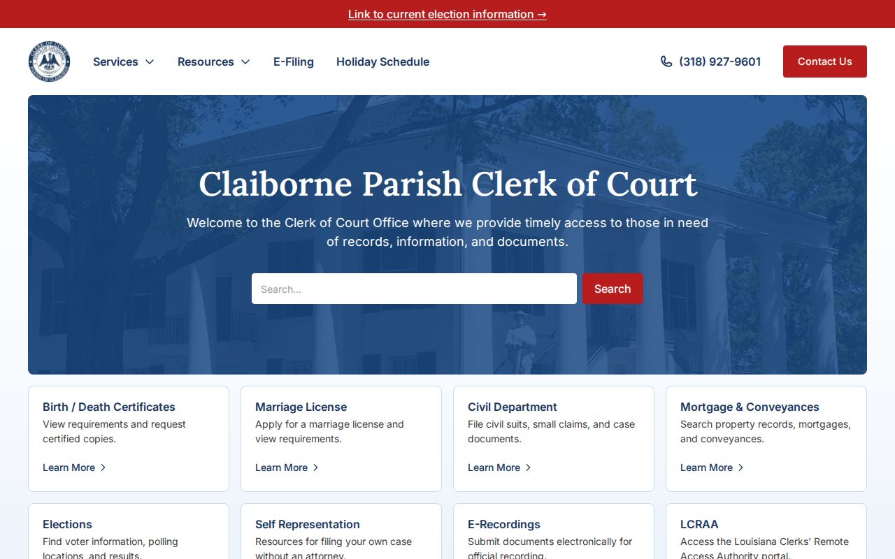 Claiborne Parish Clerk of Court contact section for warrant record searches