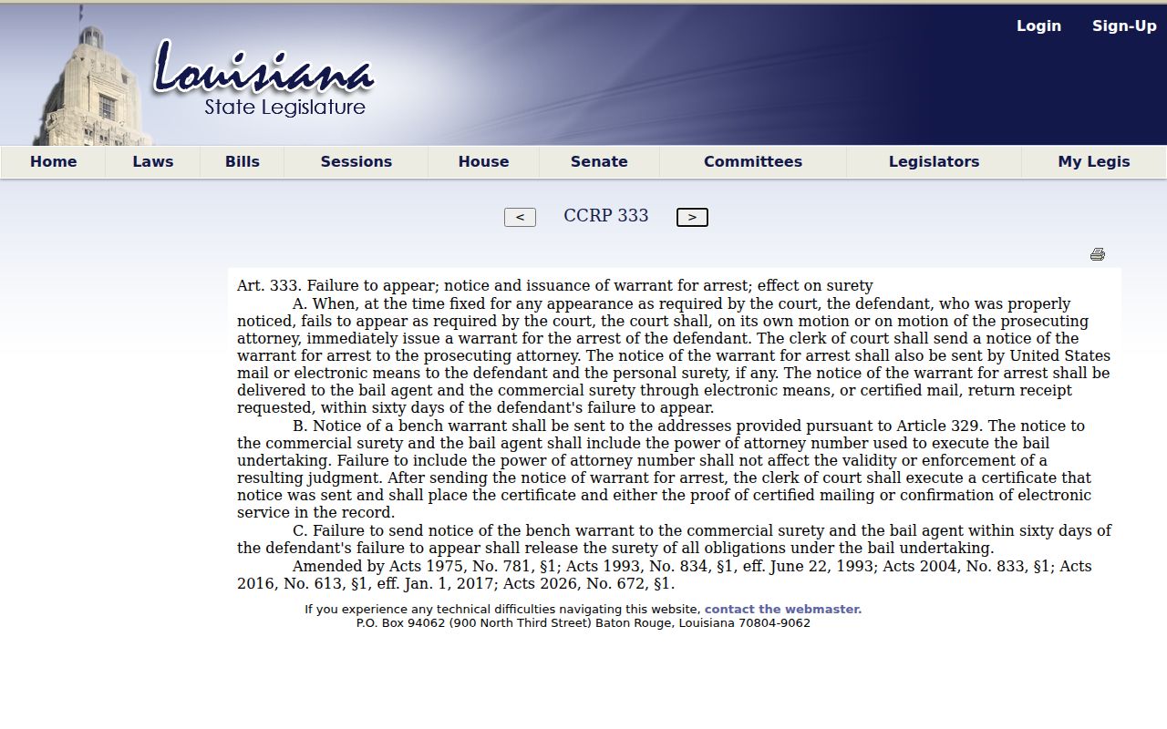 Louisiana failure to appear warrant statute used for Claiborne Parish bench warrants