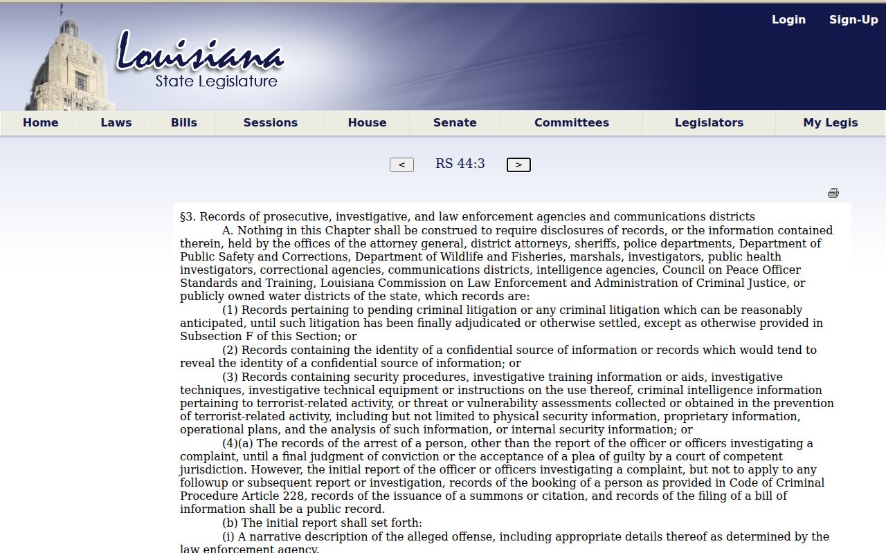Louisiana law enforcement record exception statute used for restricted Claiborne Parish warrant records