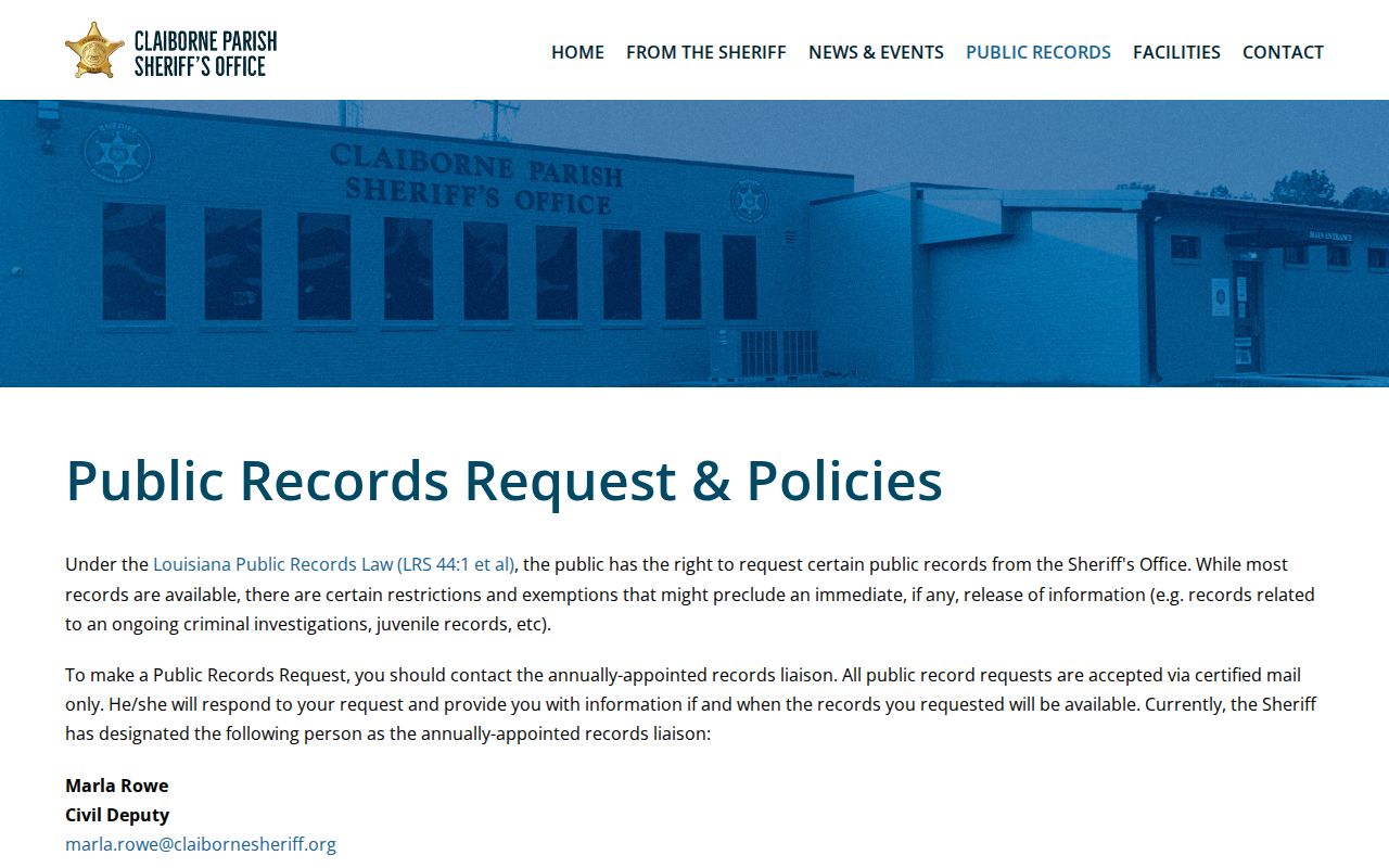 Claiborne Parish Sheriff public records request instructions for warrant records