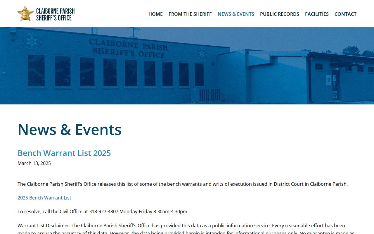 Official Claiborne Parish 2025 bench warrant notice describing the published warrant list